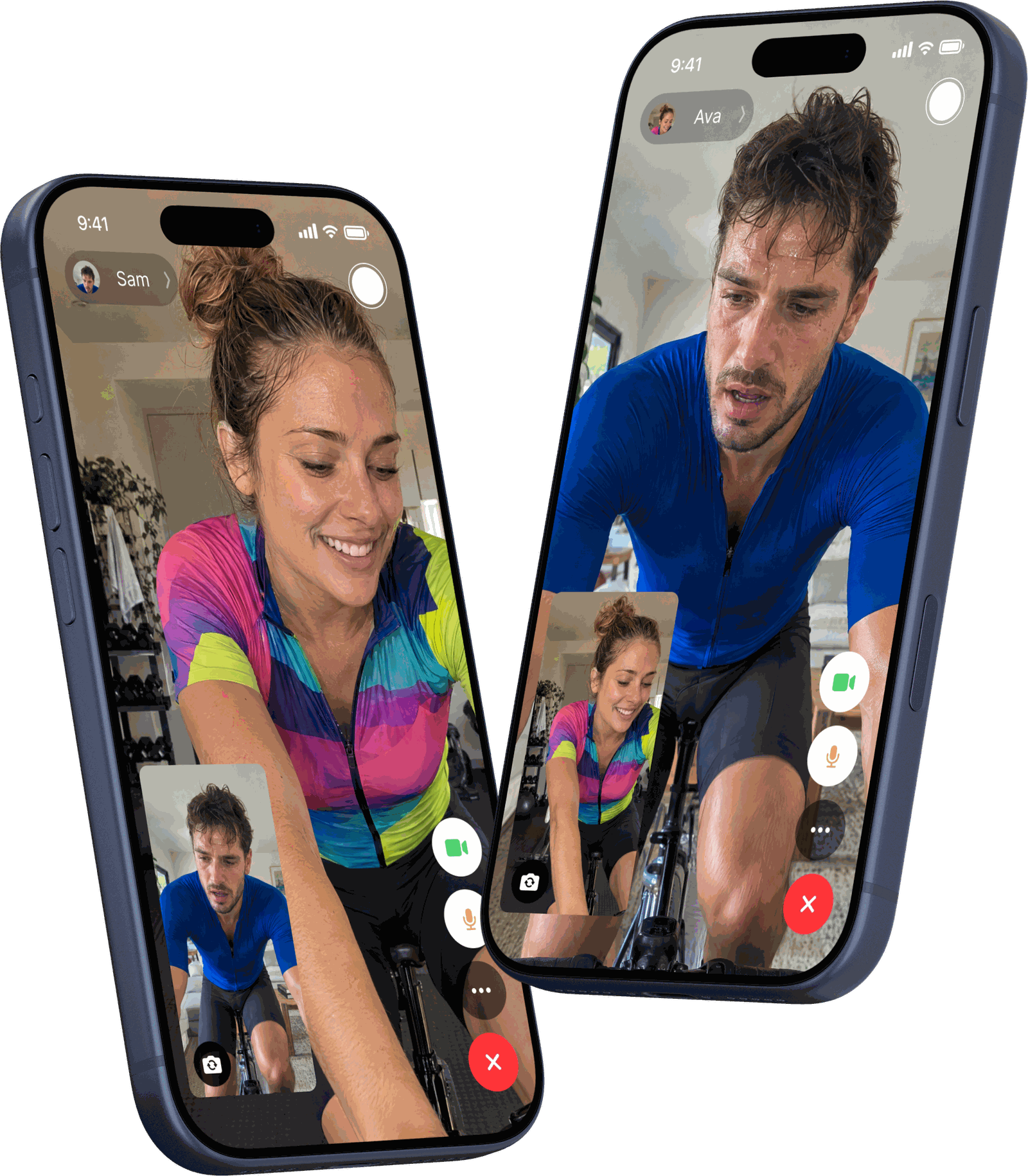 Two phones on a group ride, each rider on the other’s screen.